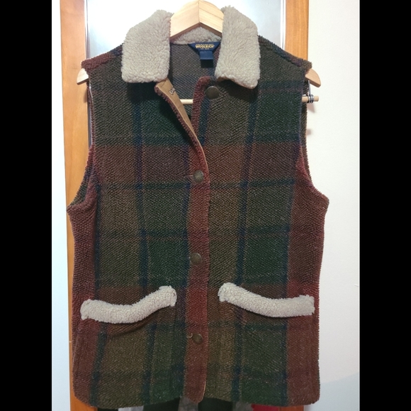 🐑 Vintage Woolrich - Cute Plaid Patterned Vest, Shearling Texture - Size M - Picture 1 of 8